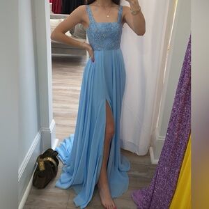 Elegant Blue Gown with Lace Bodice